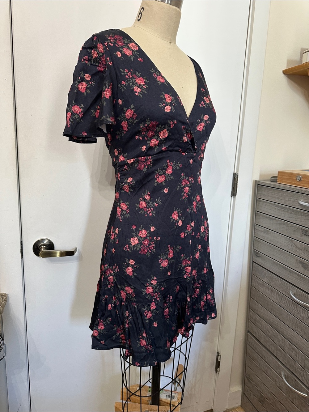 Free People Floral V-Neck Short Dress in Black with Pink Rose Print